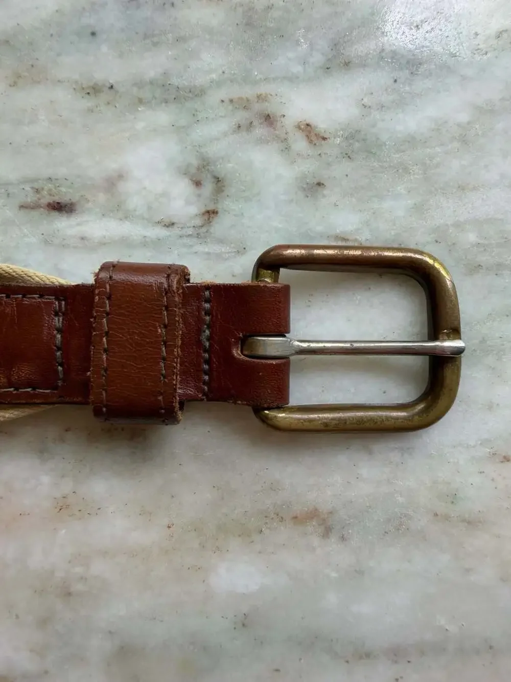 Vintage Lacoste Khaki and Navy Striped Canvas Belt with Leather Trim and Solid B